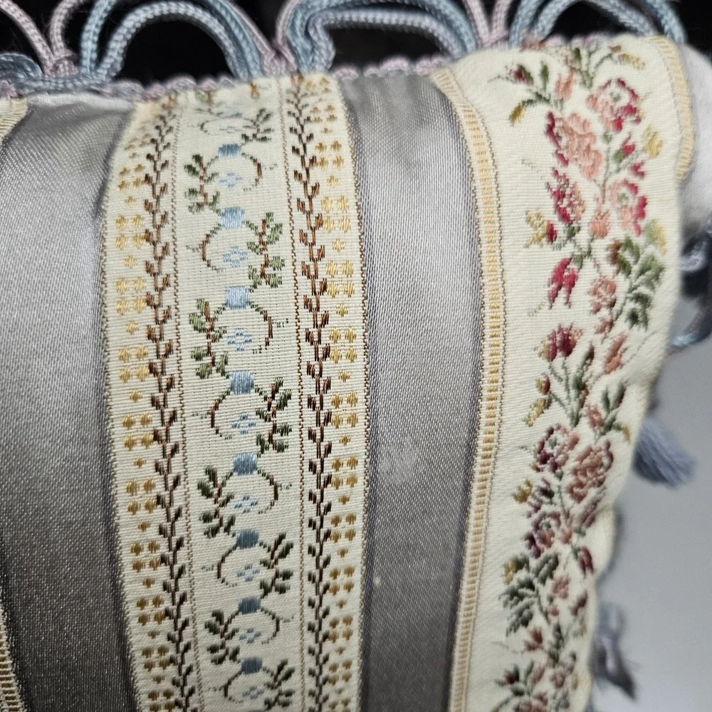 Vintage Floral Tapestry Accent Pillow Striped Tassel Trim Grey Cream 12x8